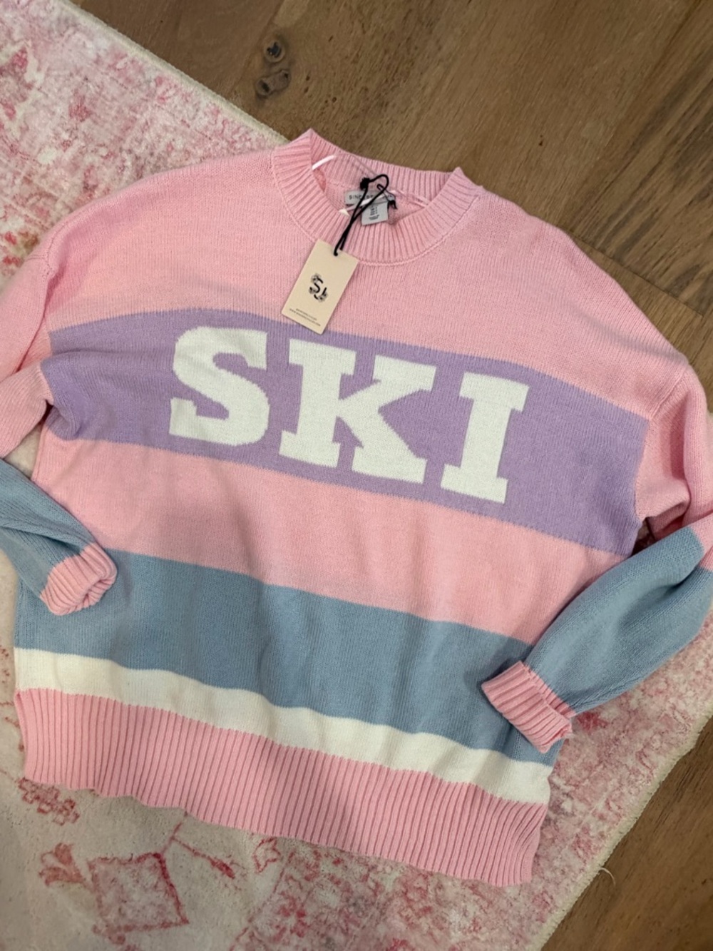 SKI Pastel Stripe Crew Sweater - Pink, Lavender & Light Blue